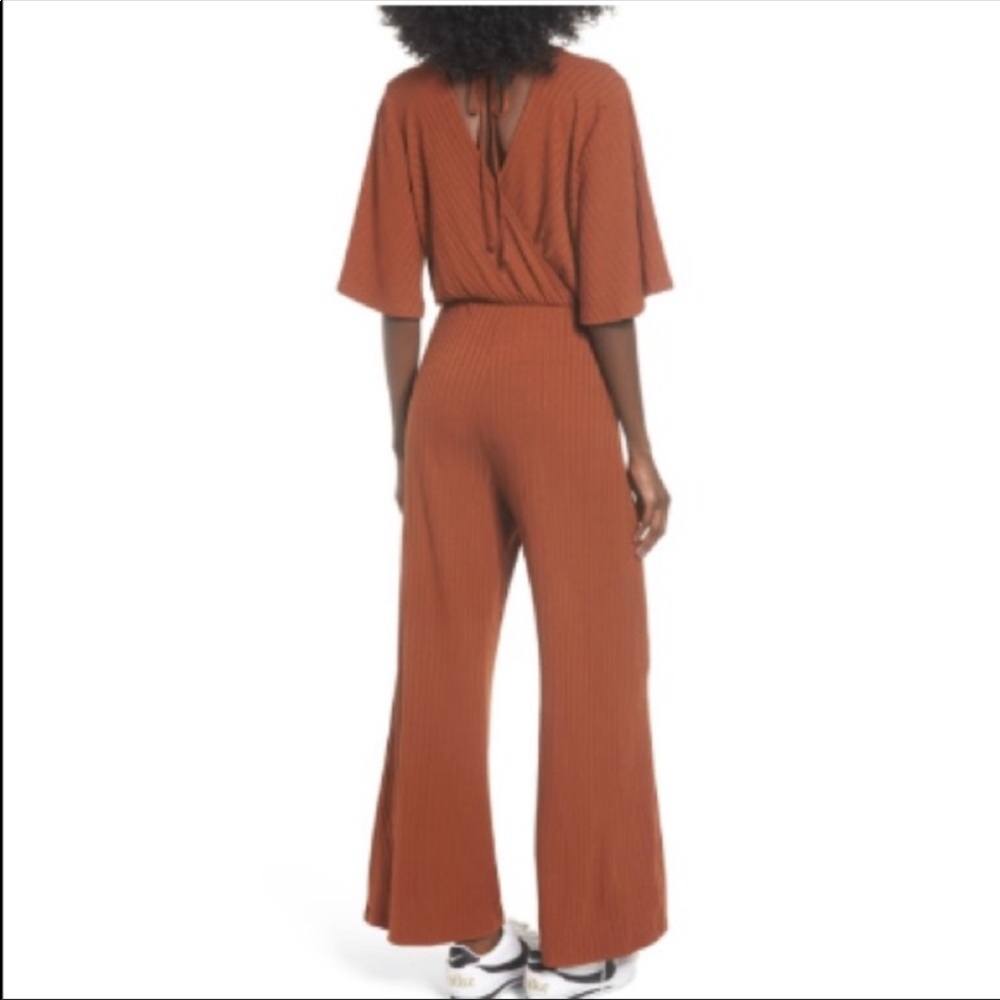 Rust Ribbed V-Neck Wide-Leg Jumpsuit - Picture 2 of 6